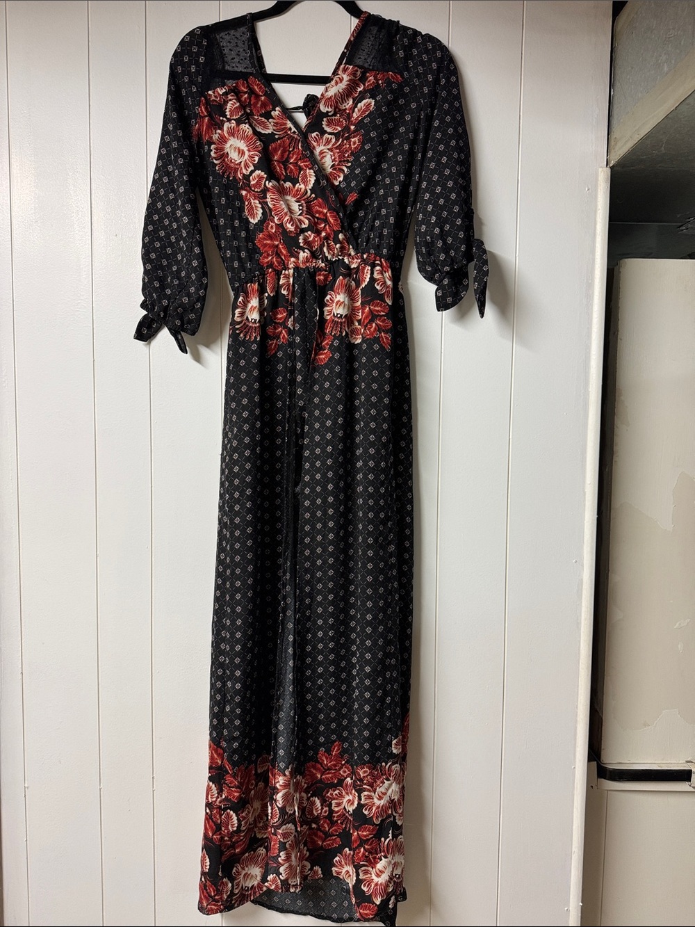 Chelsea & Violet Black Maxi Dress with Red Floral Print